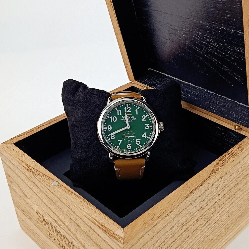 NEW Shinola Mens Watch the Runwell 41Mm Green Dial with Tan Leather Strap