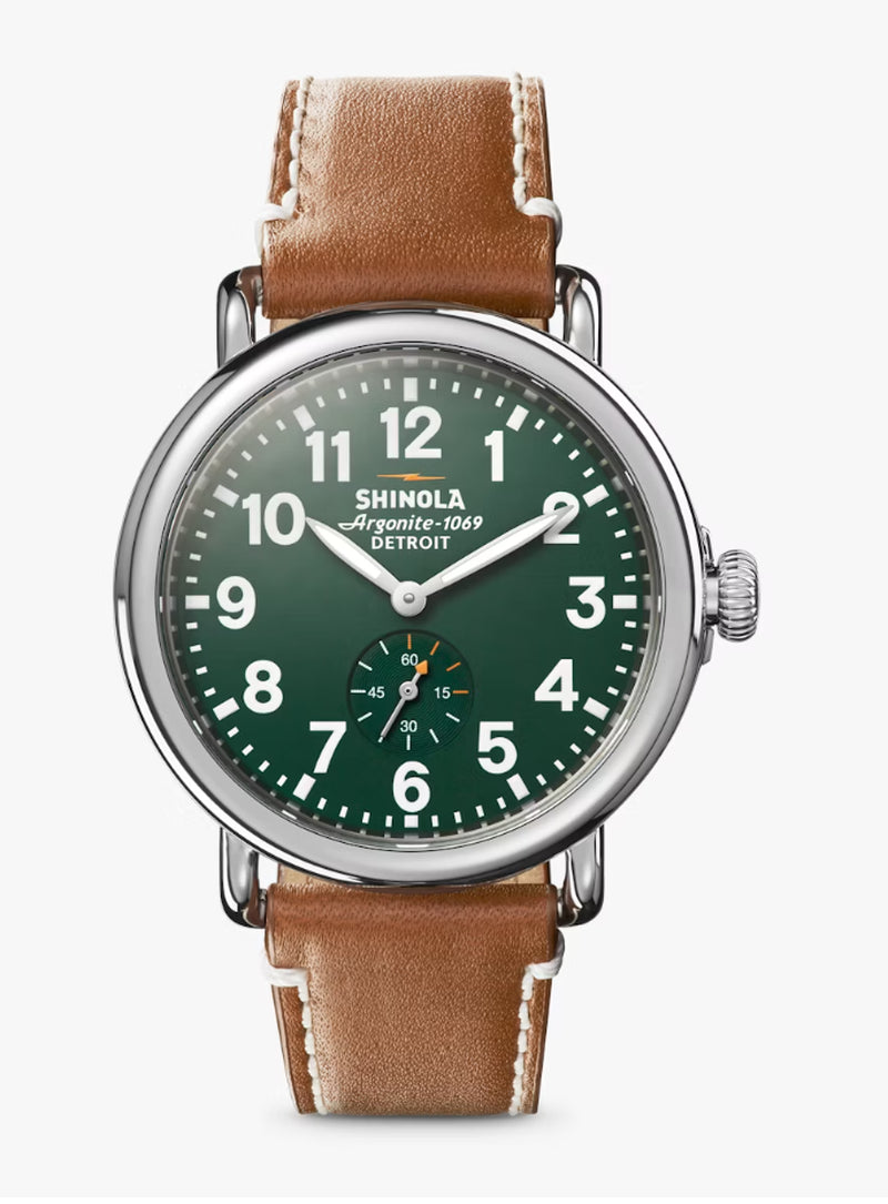 NEW Shinola Mens Watch the Runwell 41Mm Green Dial with Tan Leather Strap