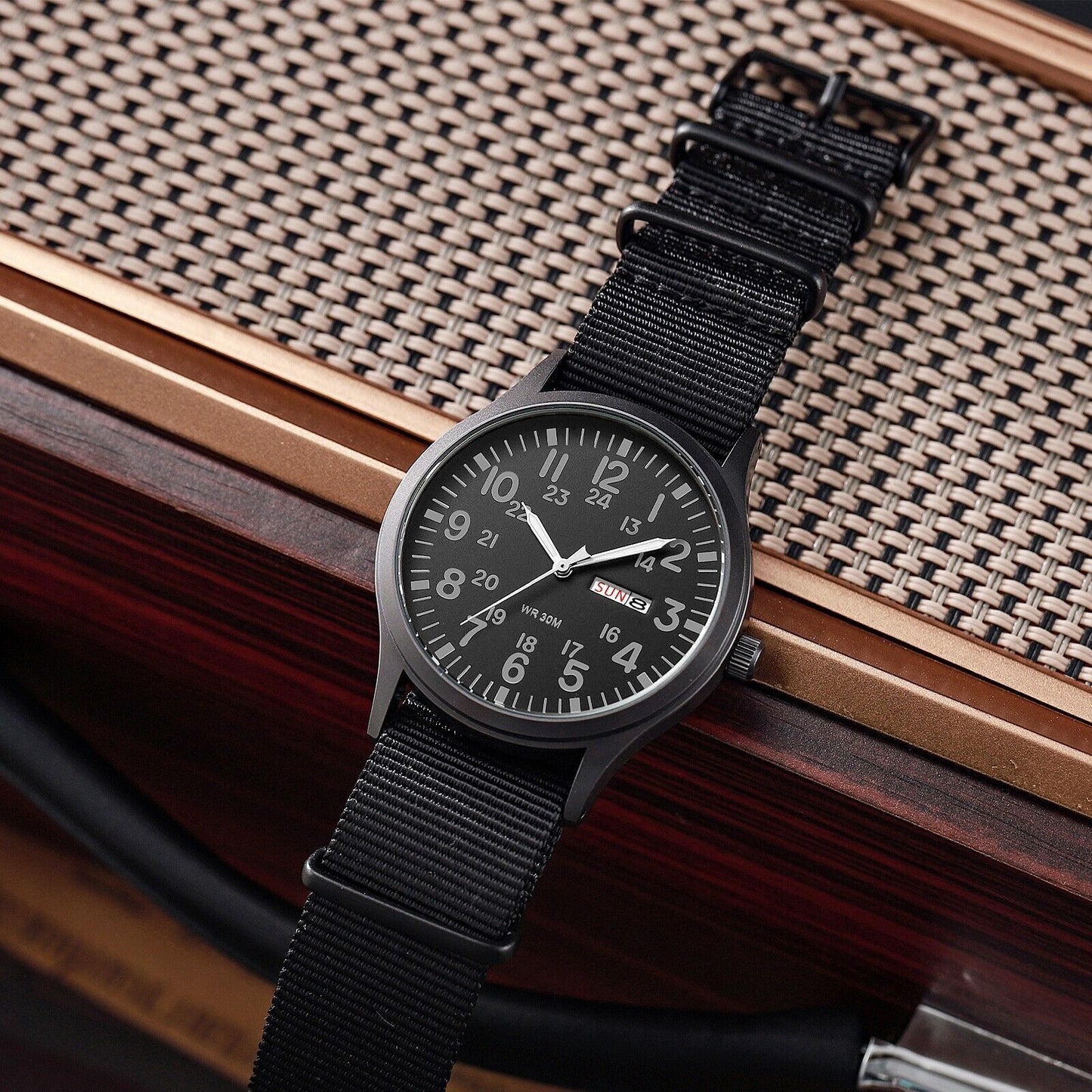 Men'S Tactical Military Nylon Band Quartz Date Wrist Watch Luminous 24-Hour Dial