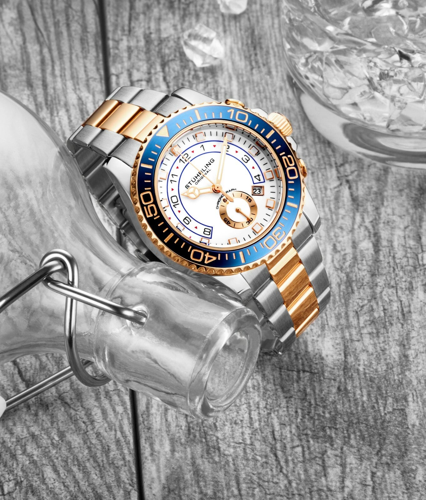 Stuhrling Men'S Chronograph Diver White & Rose Blue Bezel Silver & Rose Watch