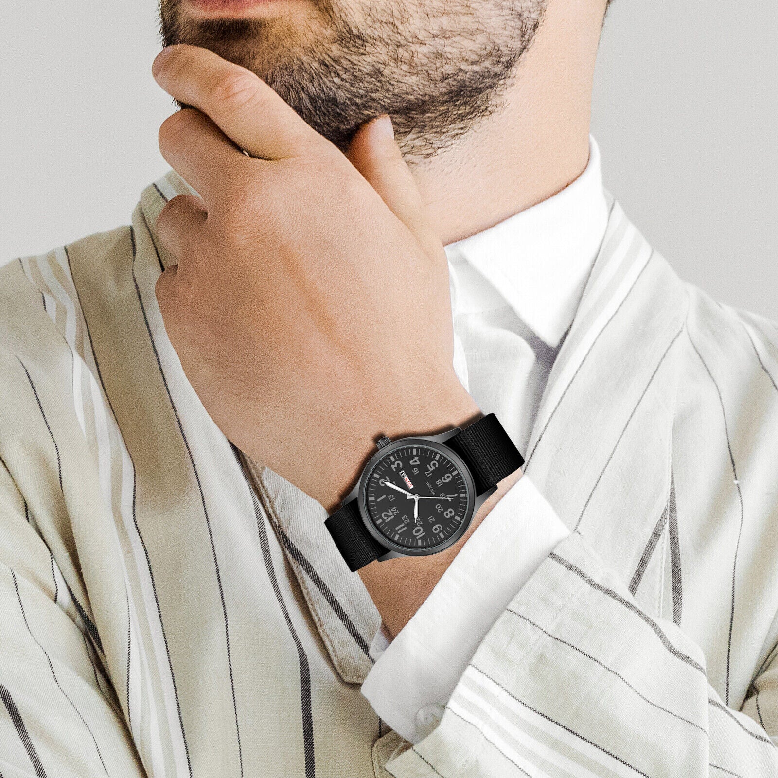 Men'S Tactical Military Nylon Band Quartz Date Wrist Watch Luminous 24-Hour Dial