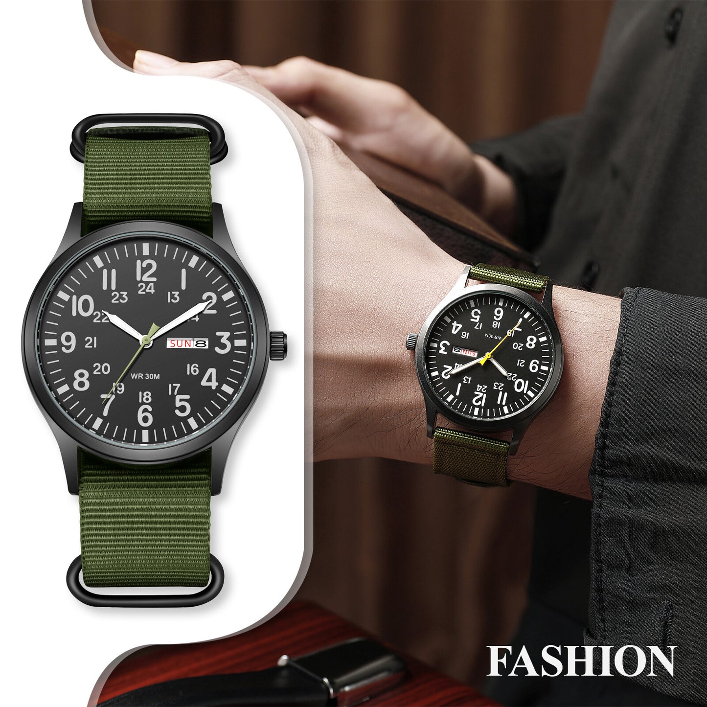 Men'S Tactical Military Nylon Band Quartz Date Wrist Watch Luminous 24-Hour Dial
