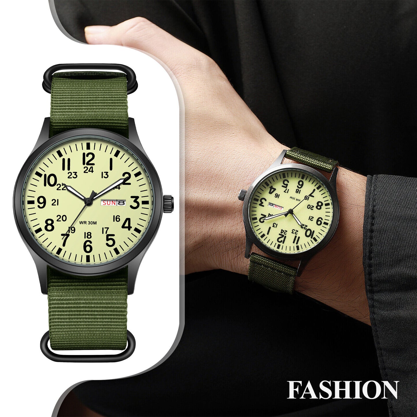 Men'S Tactical Military Nylon Band Quartz Date Wrist Watch Luminous 24-Hour Dial