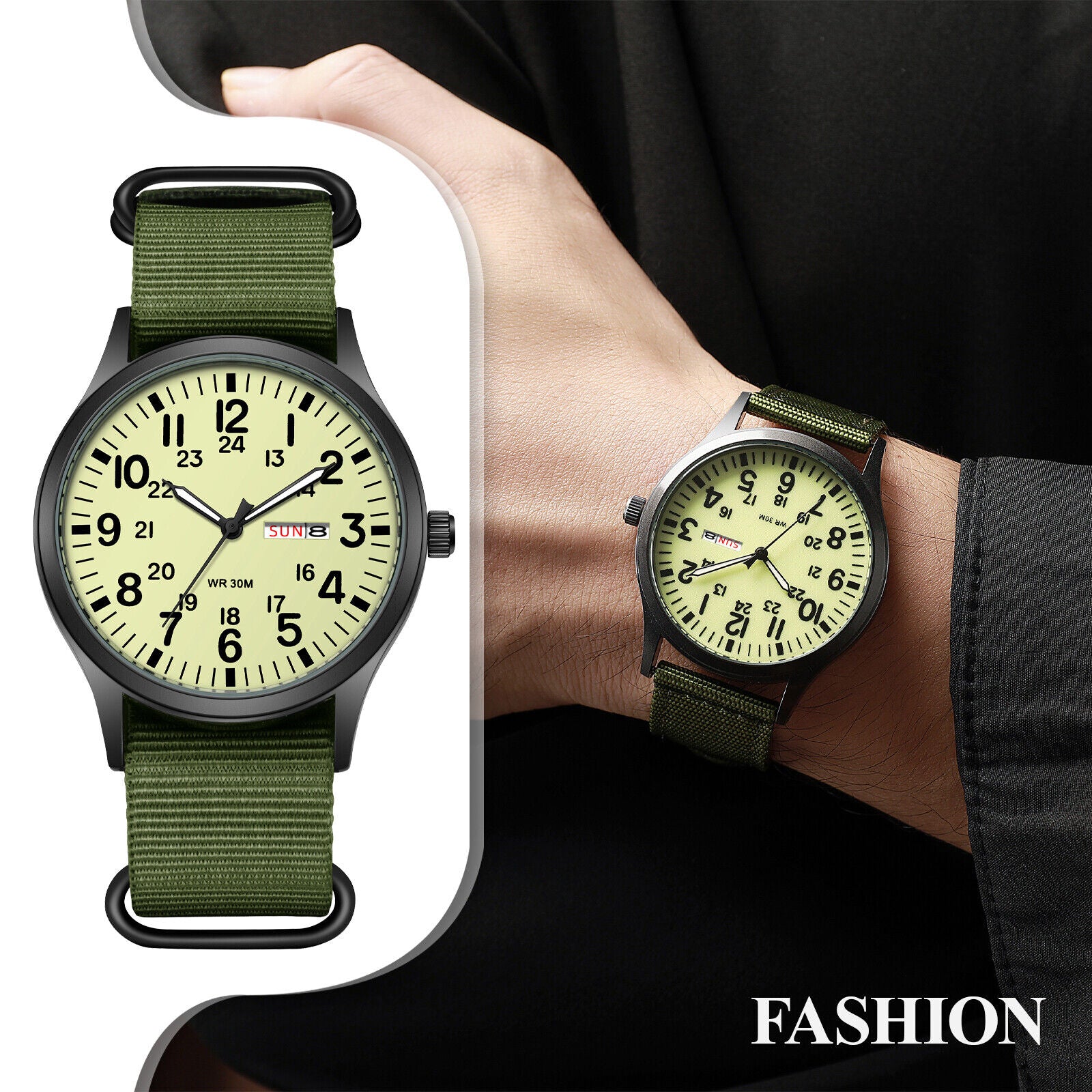 Men'S Tactical Military Nylon Band Quartz Date Wrist Watch Luminous 24-Hour Dial