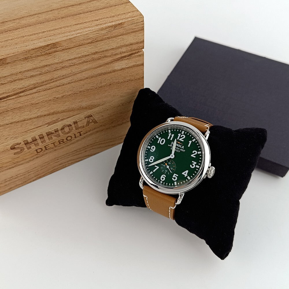 NEW Shinola Mens Watch the Runwell 41Mm Green Dial with Tan Leather Strap