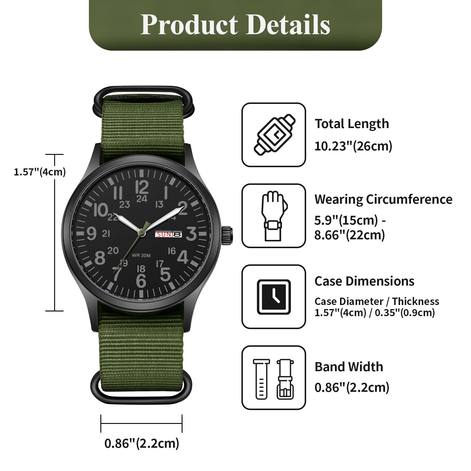 Men'S Tactical Military Nylon Band Quartz Date Wrist Watch Luminous 24-Hour Dial