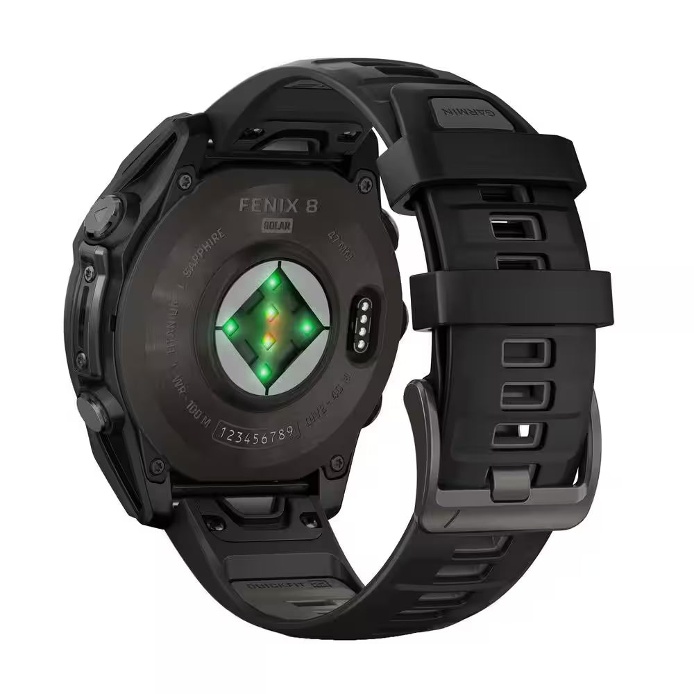 Fenix 8 Multisport 47-Mm Sapphire Solar GPS Watch with Silicone Band 1.85 X .6 in Carbon Gray DLC Titanium and Black