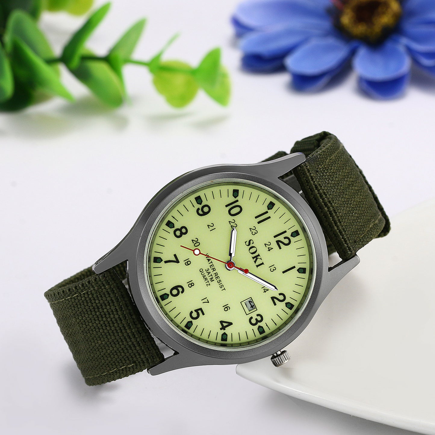 Men'S Army Military Luminous 24 Hours Dial Nylon Strap Date Quartz Wrist Watch