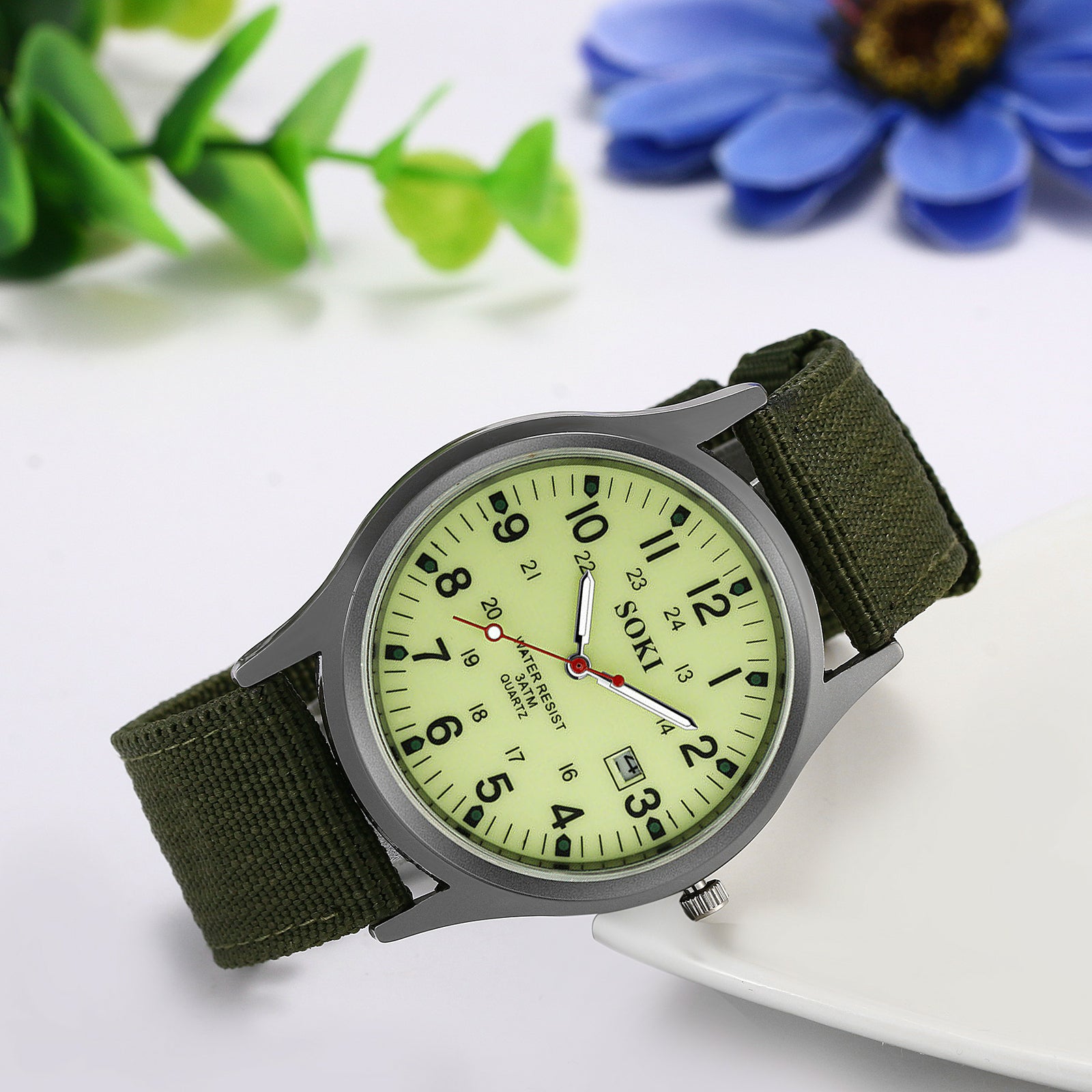 Men'S Army Military Luminous 24 Hours Dial Nylon Strap Date Quartz Wrist Watch