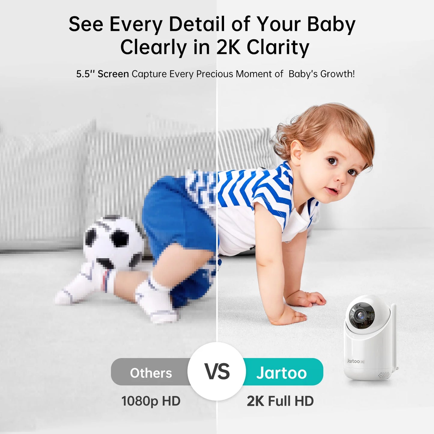 2K Video Baby Monitor, 3000Ft Long Range No Wifi Baby Monitor with 2 Cameras and Audio, 5.5" Split Display, AI Cry Detect, IR Night Vision, 2-Way Audio, 6000Mah
