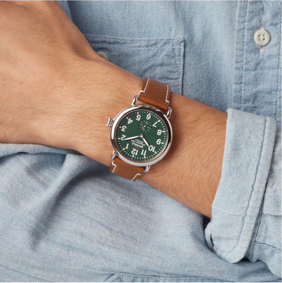 NEW Shinola Mens Watch the Runwell 41Mm Green Dial with Tan Leather Strap