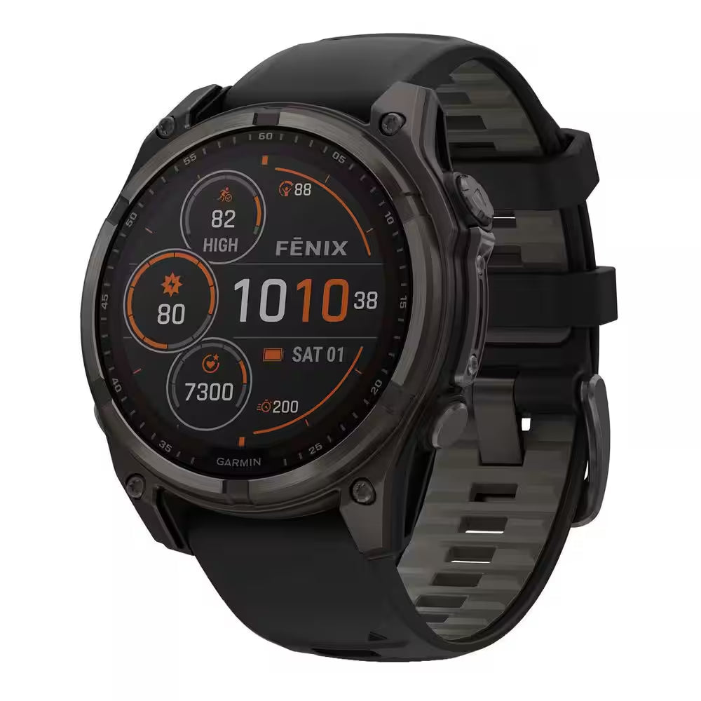 Fenix 8 Multisport 47-Mm Sapphire Solar GPS Watch with Silicone Band 1.85 X .6 in Carbon Gray DLC Titanium and Black