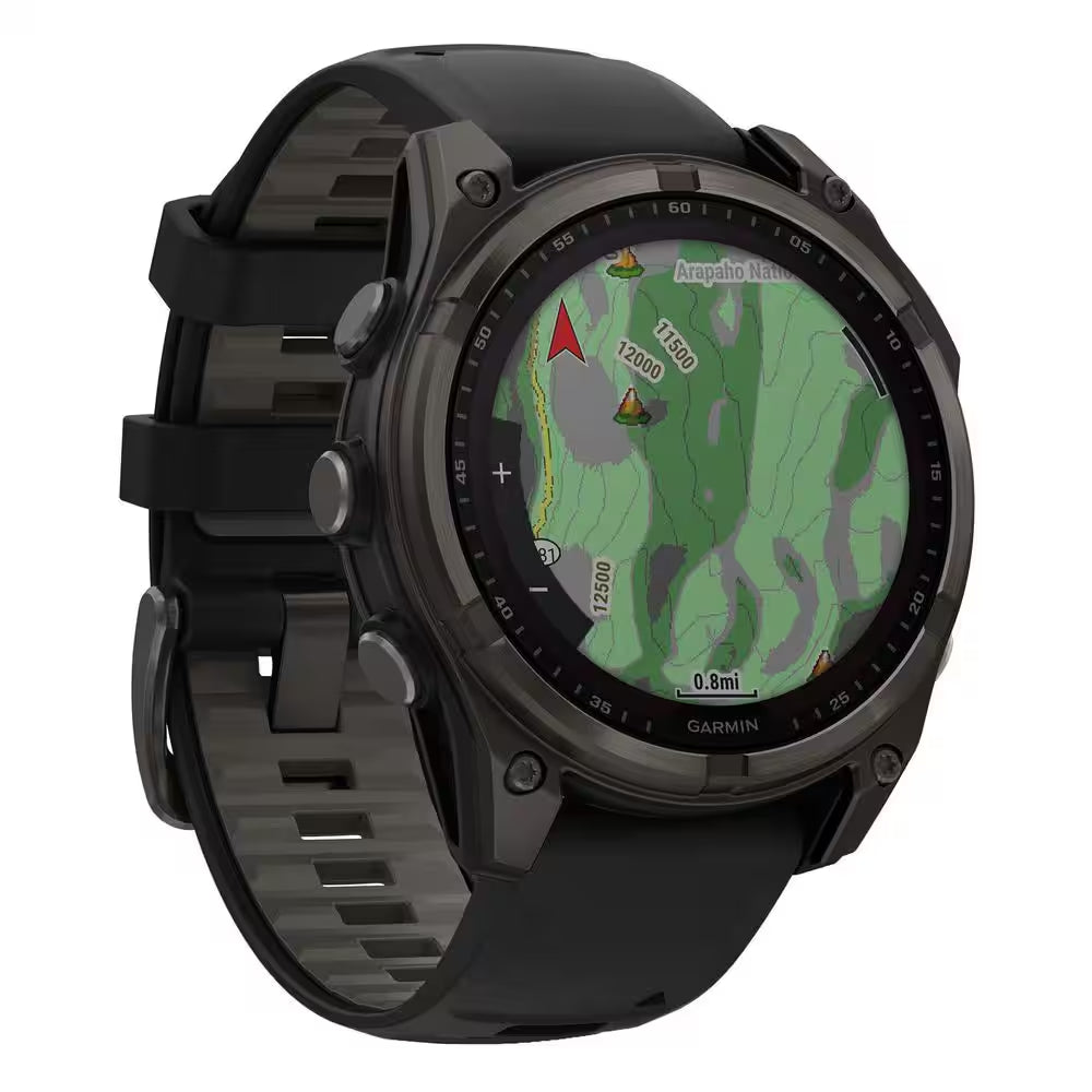 Fenix 8 Multisport 47-Mm Sapphire Solar GPS Watch with Silicone Band 1.85 X .6 in Carbon Gray DLC Titanium and Black