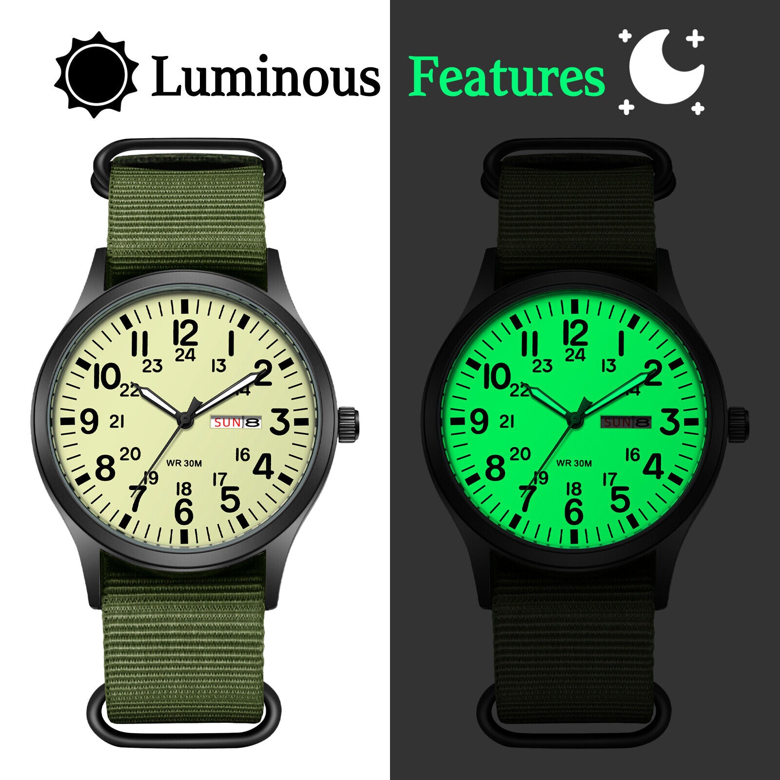 Men'S Tactical Military Nylon Band Quartz Date Wrist Watch Luminous 24-Hour Dial
