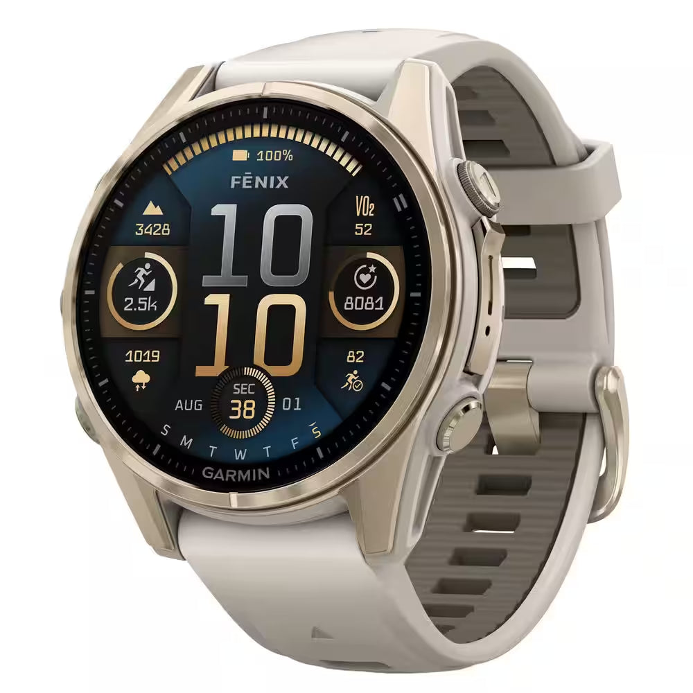 Fenix 8 AMOLED Multisport 43-Mm GPS Watch with Silicone Band 1.69 X .54 in Sapphire Lens, Soft Gold and Fog Gray