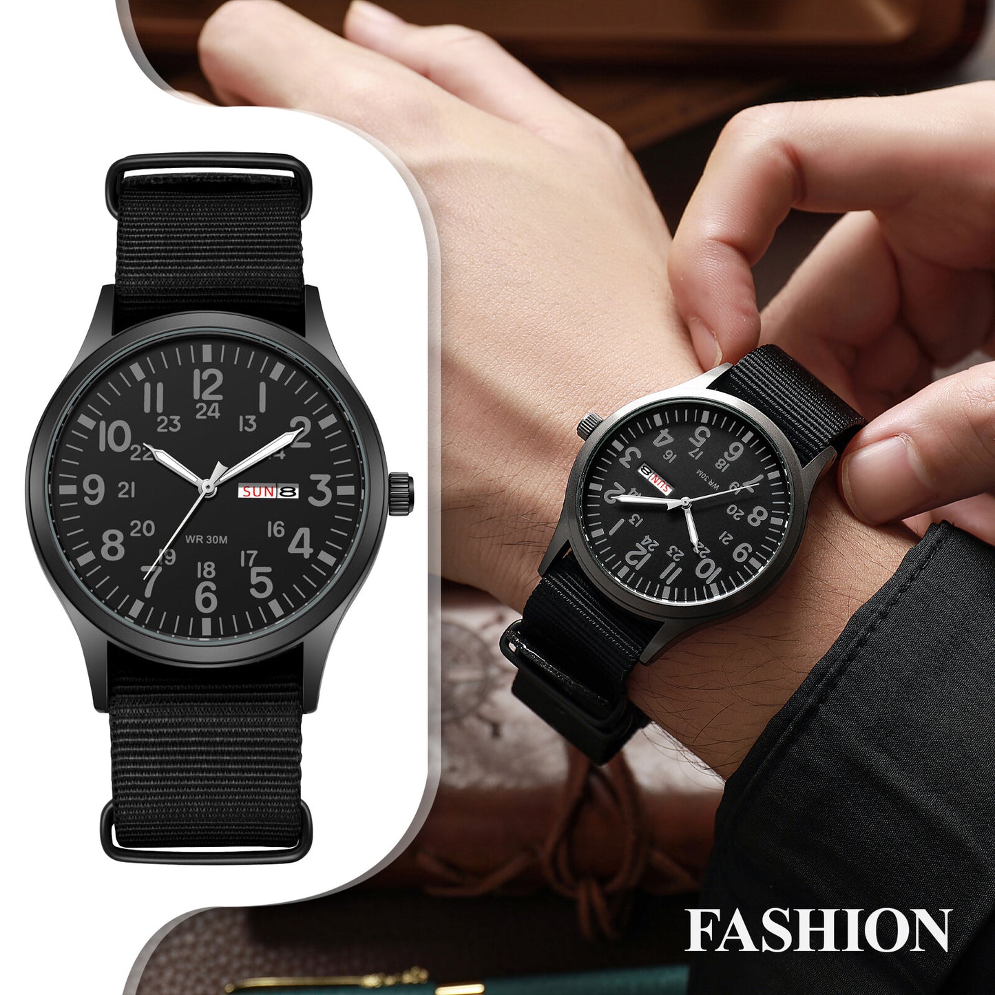 Men'S Tactical Military Nylon Band Quartz Date Wrist Watch Luminous 24-Hour Dial