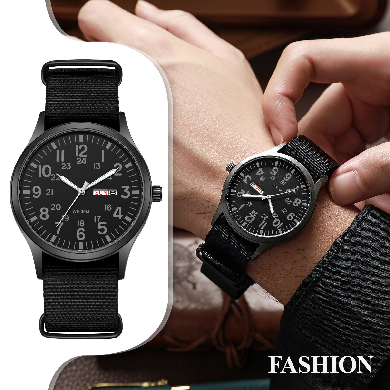 Men'S Tactical Military Nylon Band Quartz Date Wrist Watch Luminous 24-Hour Dial