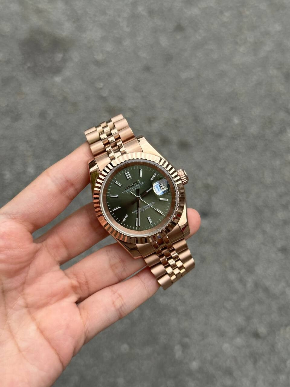 Custom Seikmod Olive Green Dial | Full Rose Gold Jubilee | Fluted Bezel | NH35