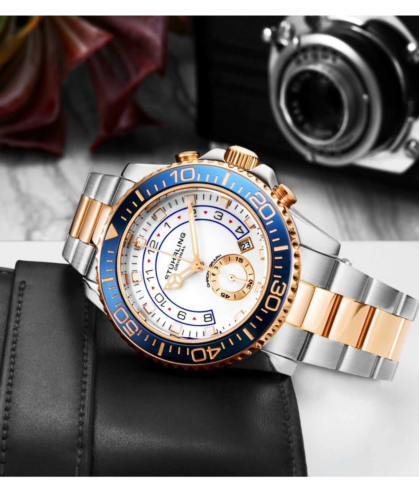 Stuhrling Men'S Chronograph Diver White & Rose Blue Bezel Silver & Rose Watch