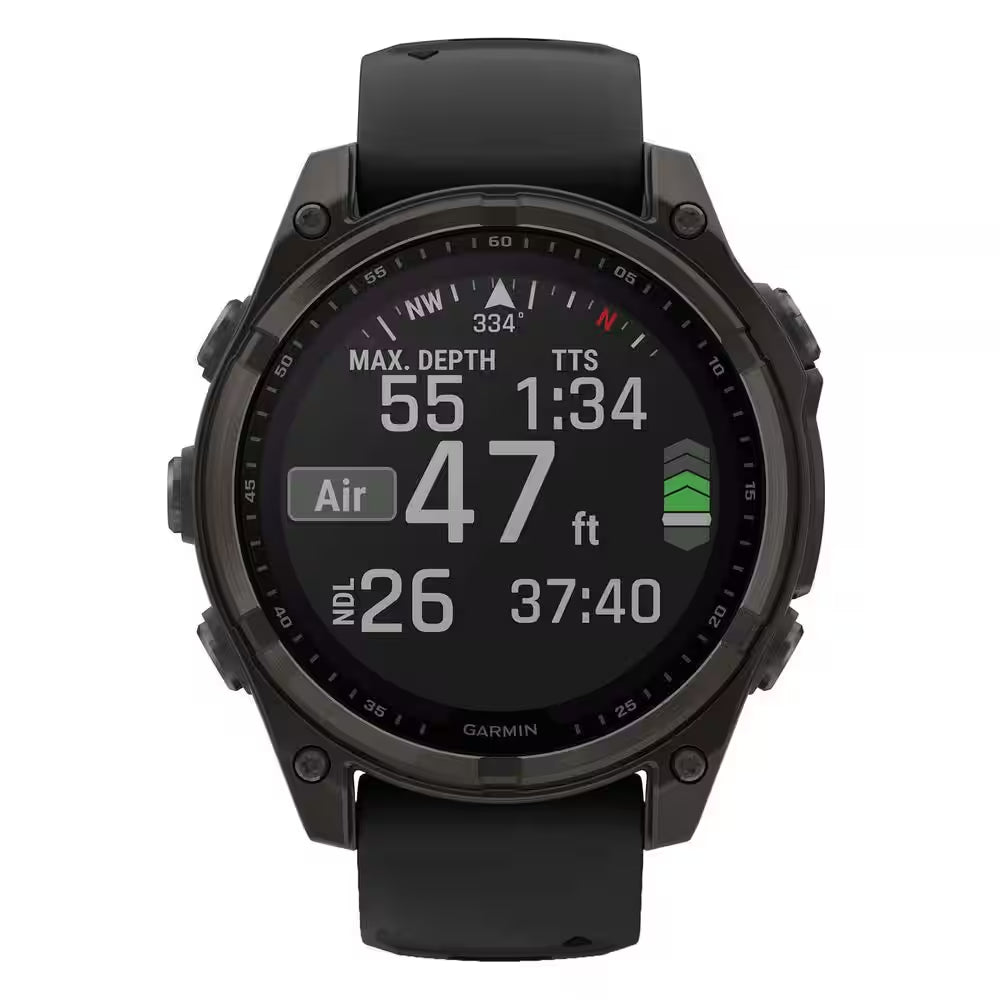 Fenix 8 Multisport 47-Mm Sapphire Solar GPS Watch with Silicone Band 1.85 X .6 in Carbon Gray DLC Titanium and Black