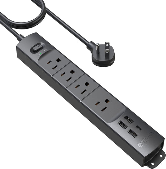 Surge Protector Power Strip with USB, Ultra Thin Flat Plug 6Ft Long Extension Cord 1625W, 3 USB a & 1 Type C, 4 AC Outlets 1440J Surge Protection Wall Mount for Home Office Dorm Room, Black