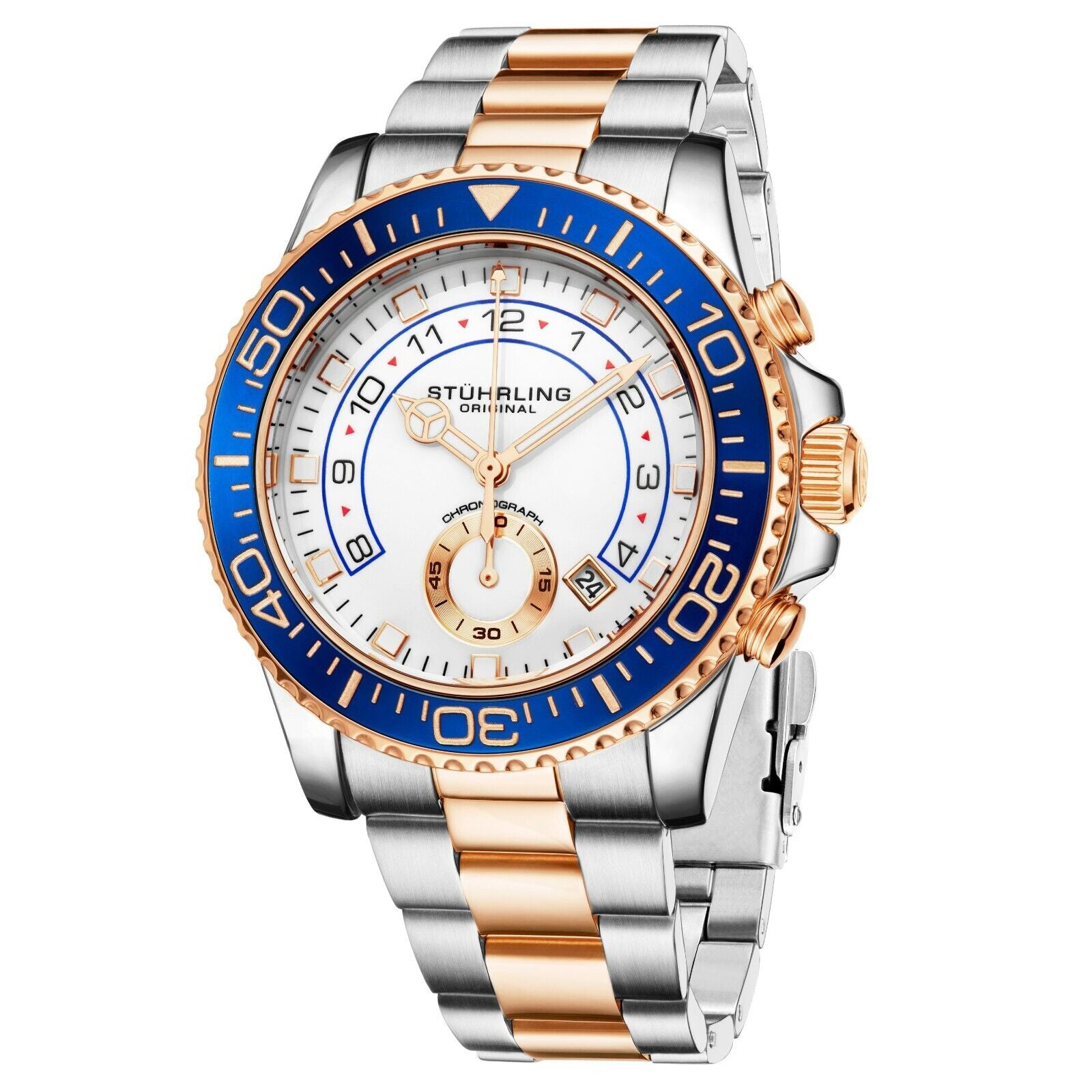 Stuhrling Men'S Chronograph Diver White & Rose Blue Bezel Silver & Rose Watch
