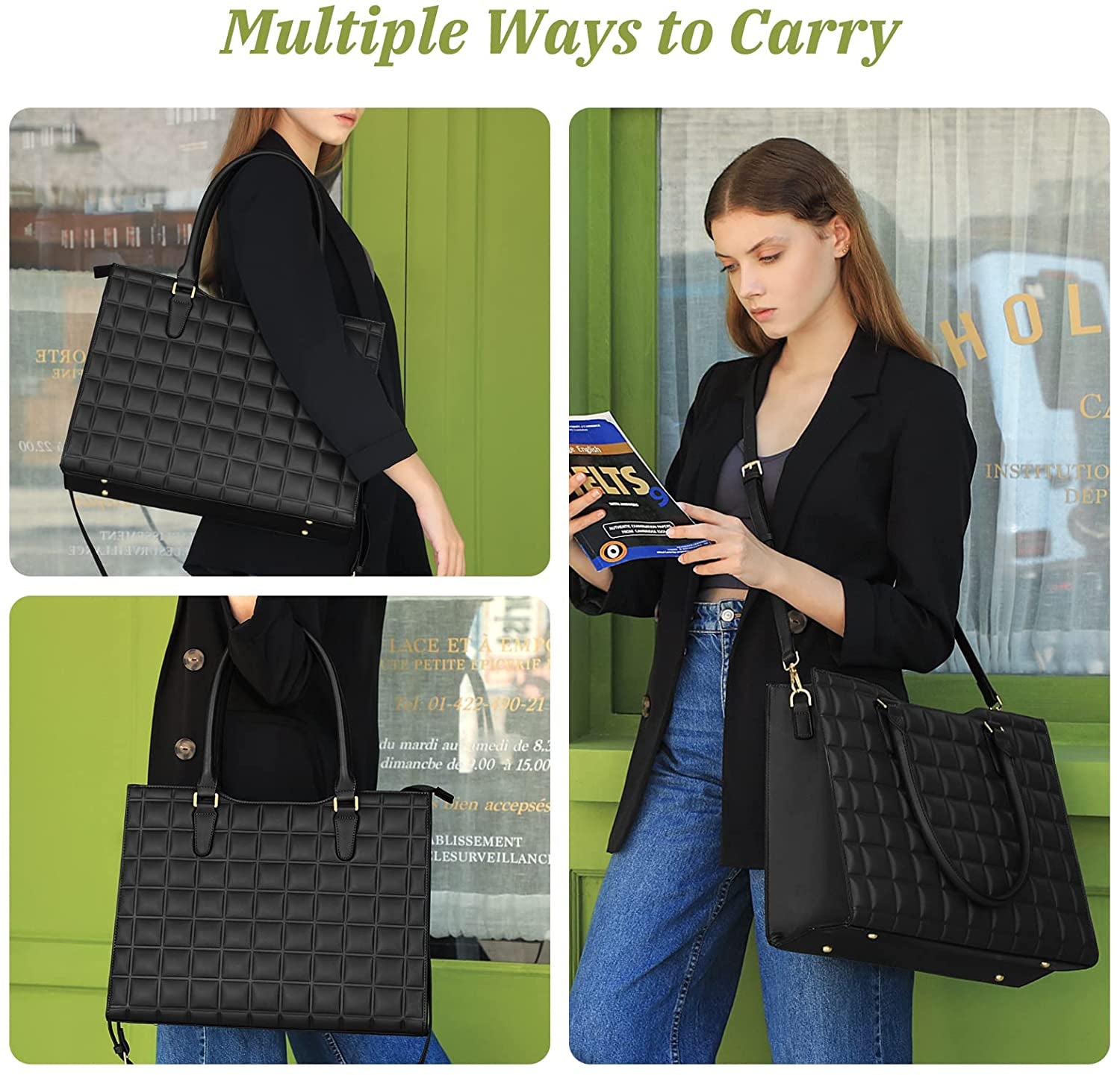 Laptop Tote Bag for Women Waterproof PU Leather Briefcase Computer Bag with Built-In USB Charging Port,Business Office 15.6 Inch Laptop Bag Large Capacity Handbag Satchel Purse 3Pcs Set (Black)