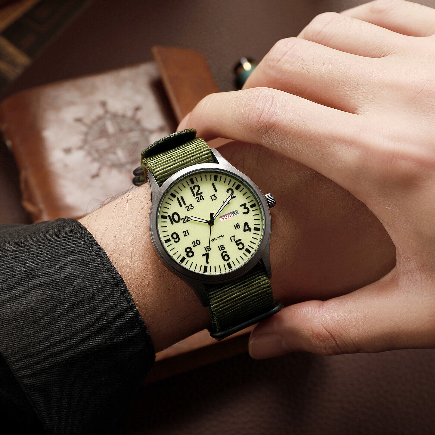 Men'S Tactical Military Nylon Band Quartz Date Wrist Watch Luminous 24-Hour Dial