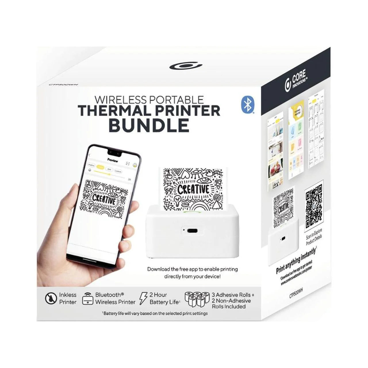 CTP500 Wireless Mini Portable Inkless Thermal Printer & Label Maker + Paper, Android & Ios (White)