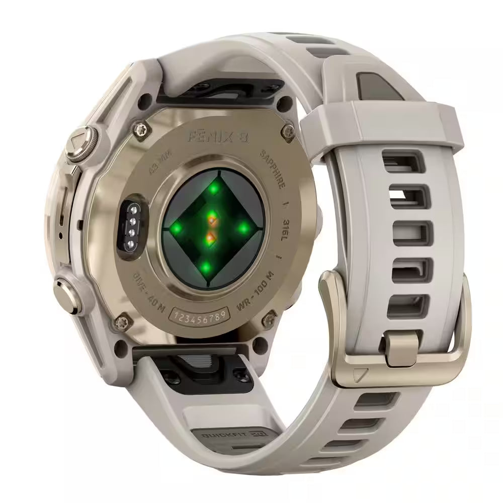 Fenix 8 AMOLED Multisport 43-Mm GPS Watch with Silicone Band 1.69 X .54 in Sapphire Lens, Soft Gold and Fog Gray