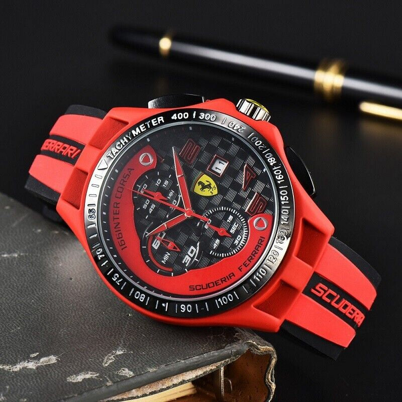 New Men'S Watch Formula Scuderia Ferrari 44Mm Chronograph Silicone Wristwatch