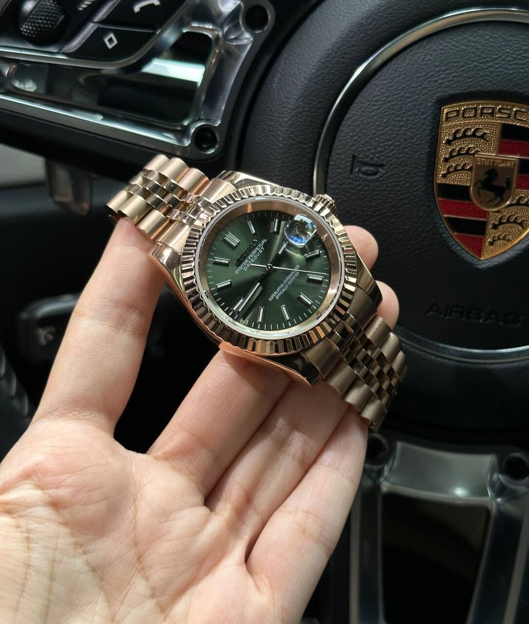 Custom Seikmod Olive Green Dial | Full Rose Gold Jubilee | Fluted Bezel | NH35