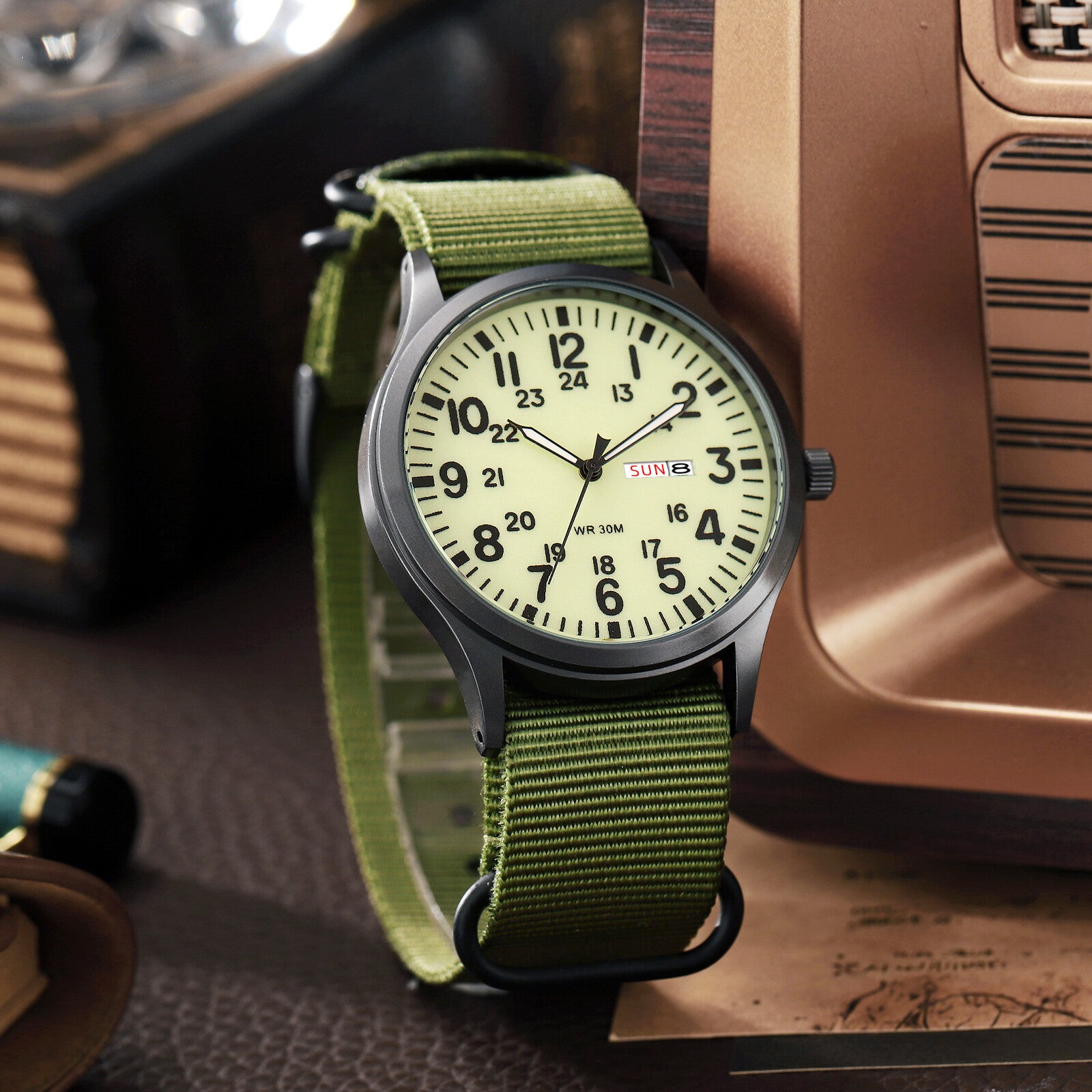 Men'S Tactical Military Nylon Band Quartz Date Wrist Watch Luminous 24-Hour Dial