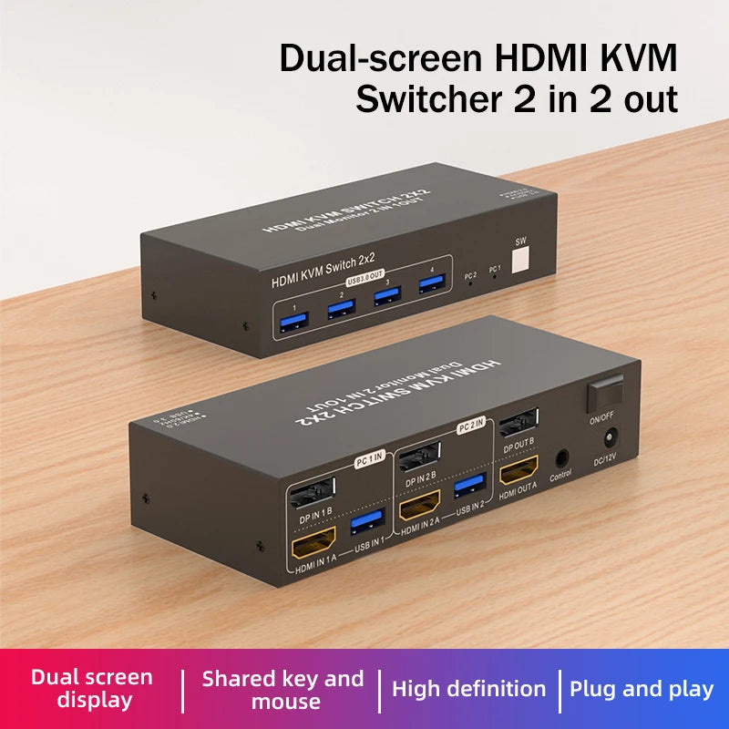 Dual Monitor HDMI KVM Switch 2X2 4K 60Hz HDMI Displayport USB KVM Switch Extended Display with USB 3.0 for 2 PC Share 2 Monitor